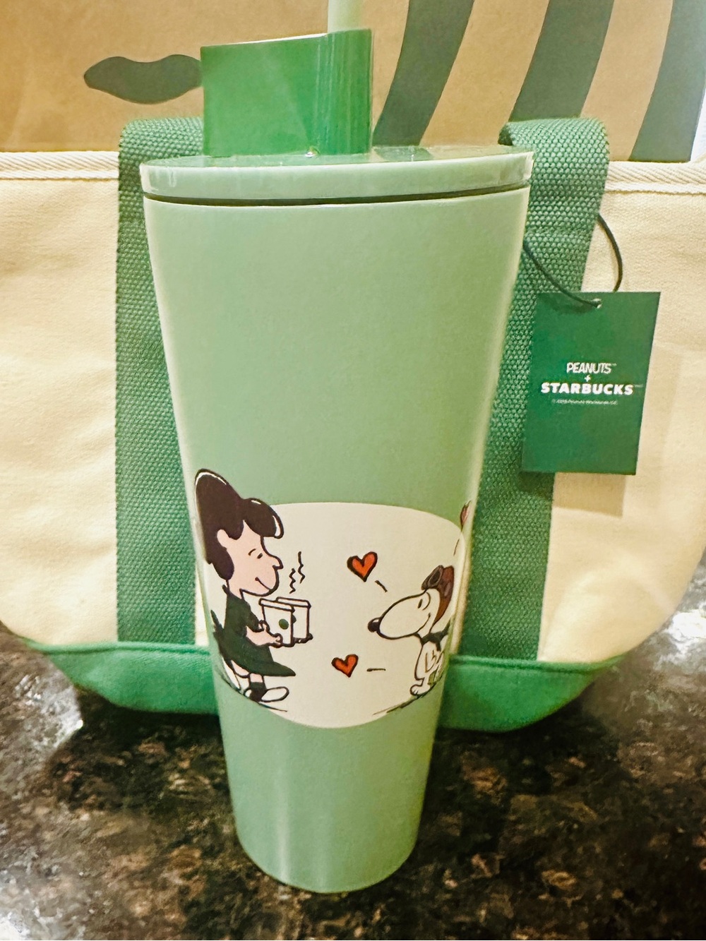 Starbucks Green Peanuts Lucy and Snoopy Travel Tumbler